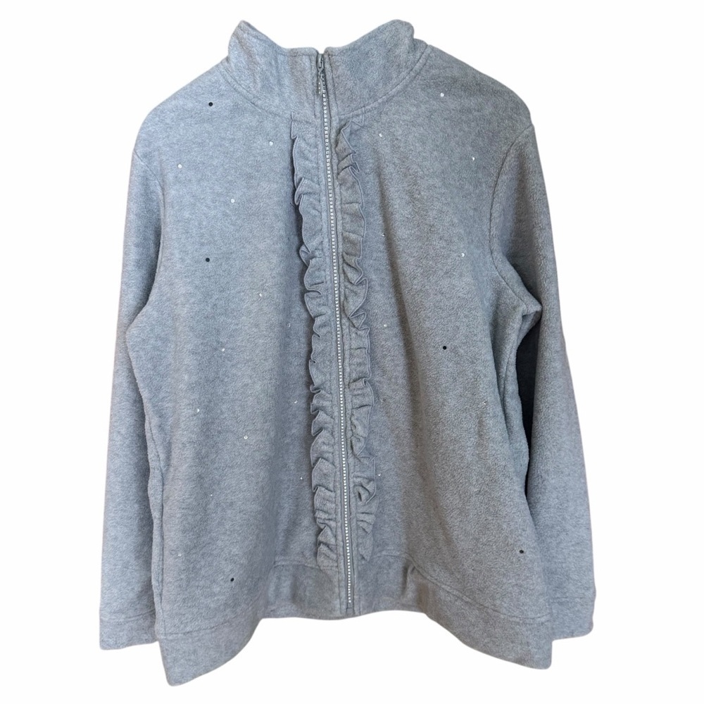 Quacker Factory Women’s L Gray Fleece Zip Jacket Ruffle Rhinestone Mock Neck - Picture 11 of 16